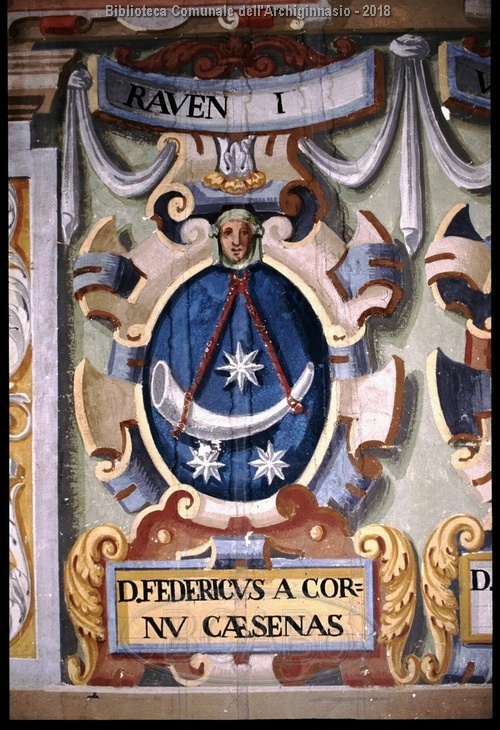 Bologna, Palazzo dell'Archiginnasio, piano superiore, aula VIII dei legisti, parete orientale, fascia inferiore, 38